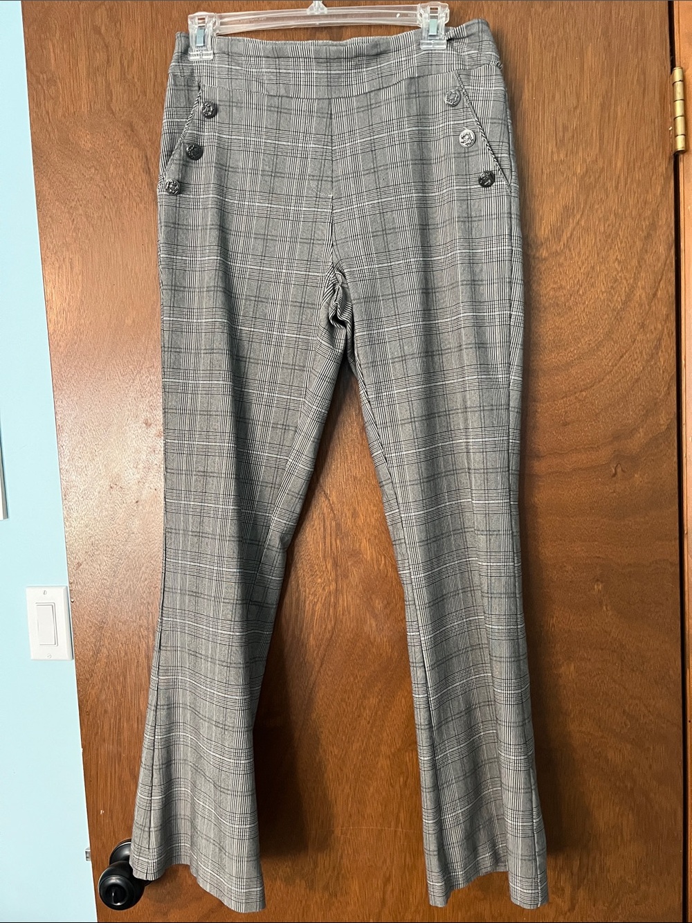 Ava & Grace Gray Plaid Women's Dress Pants with Side Button Detail